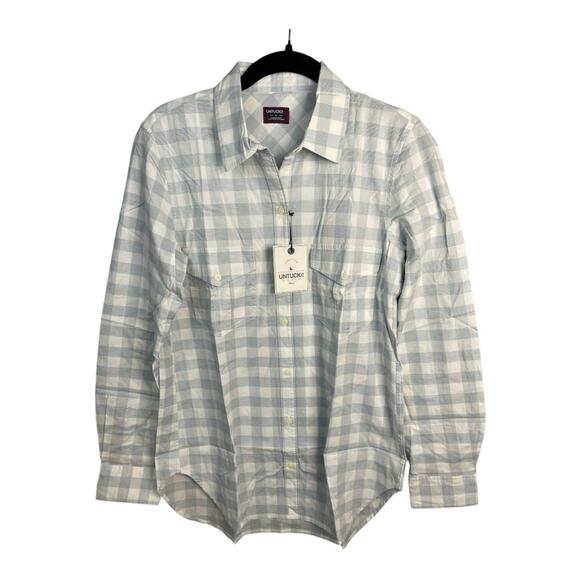 UNTUCKit Women's Button Down Santa Marzi Plaid Long Sleeve Shirt Blue White 4 - Picture 1 of 8